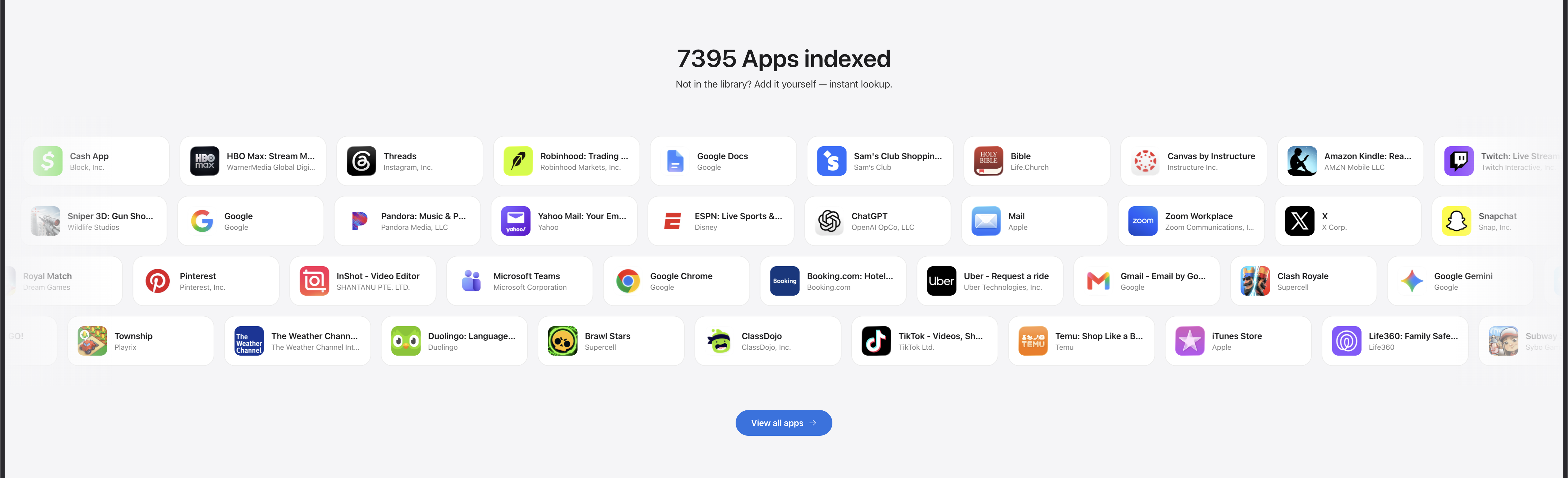 Screenshot of homepage popular apps card grid