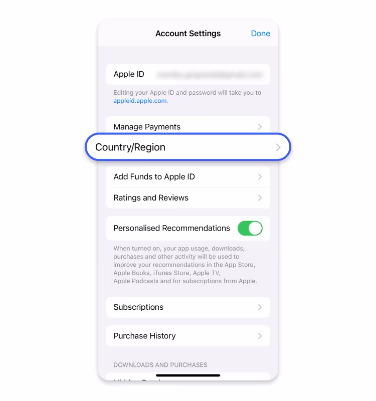 สกรีนช็อตขั้นที่ 5 ของการเปลี่ยนภูมิภาคใน iOS Settings